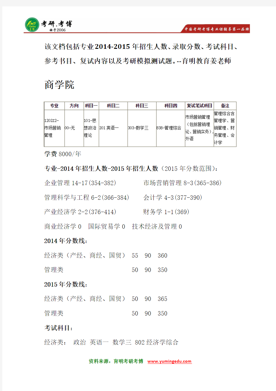 中国人民大学市场营销管理考研参考书分数线答案