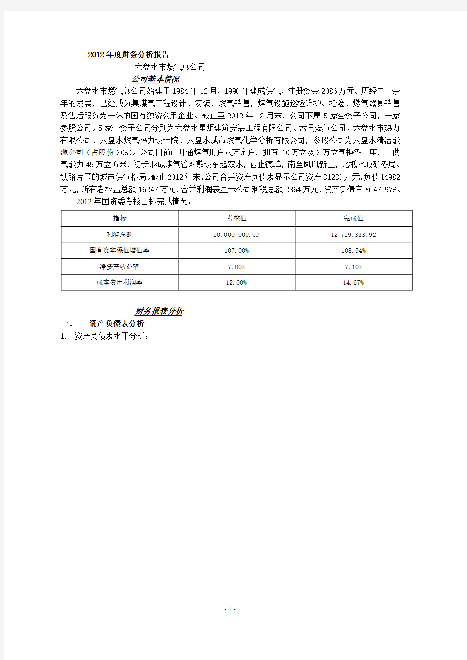 2012年度财务分析报告