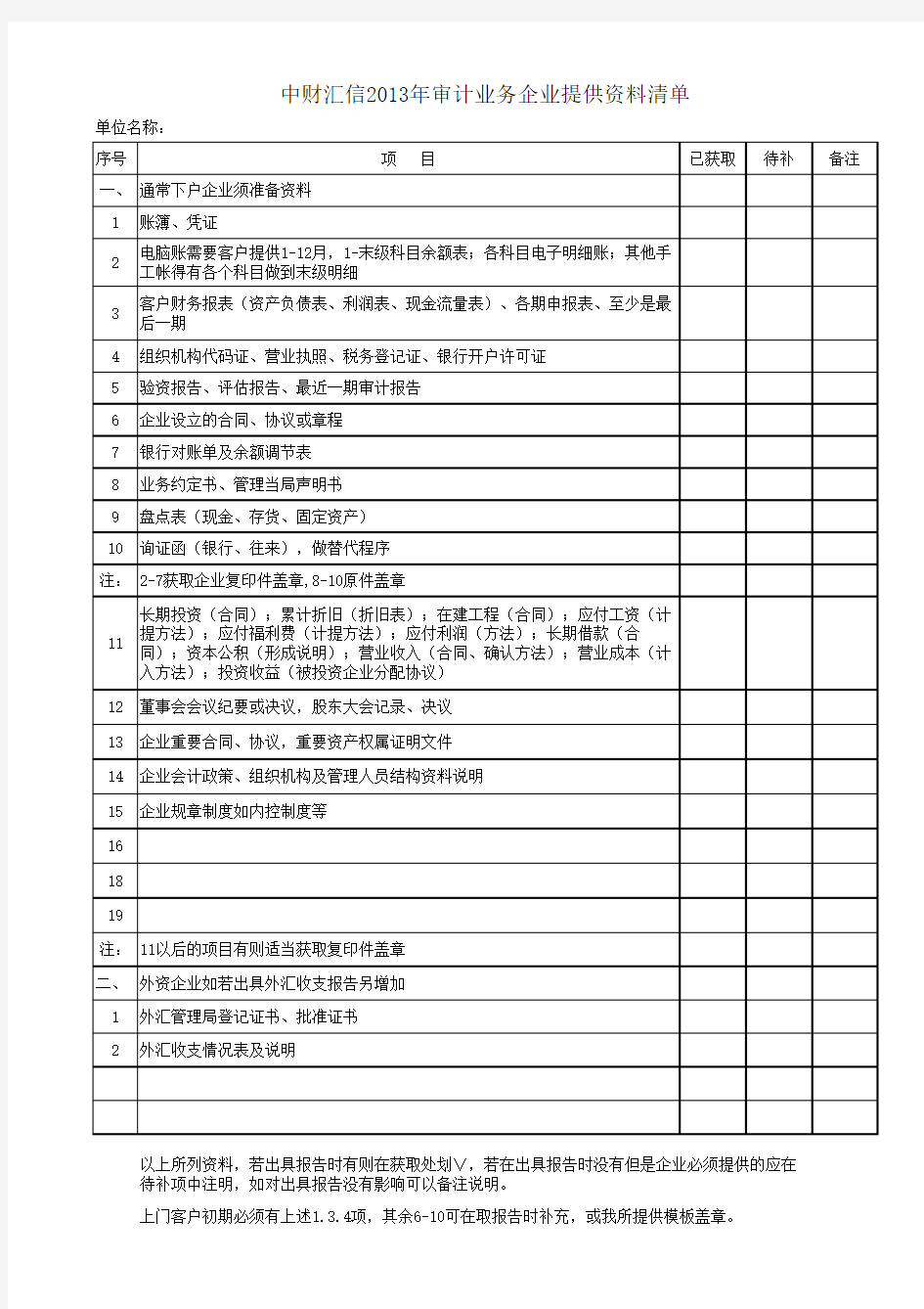 企业提供资料清单