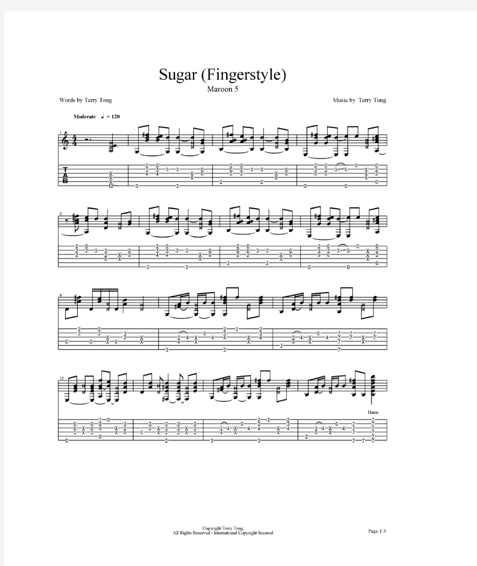 Sugar指弹吉他谱六线谱