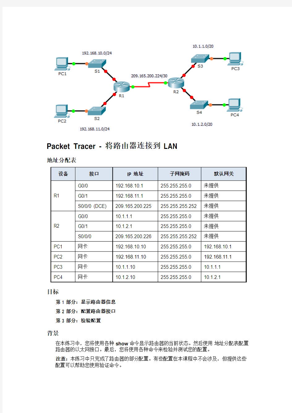 6.4.3.3 Packet Tracer - Connect a Router to a LAN 将路由器连接到 LAN