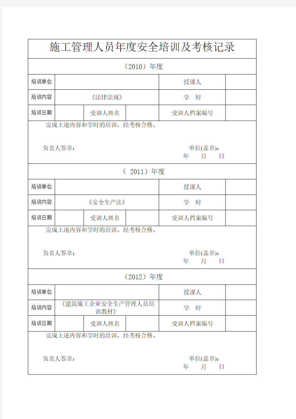 施工管理人员年度安全生产教育培训及考核记录(模板)