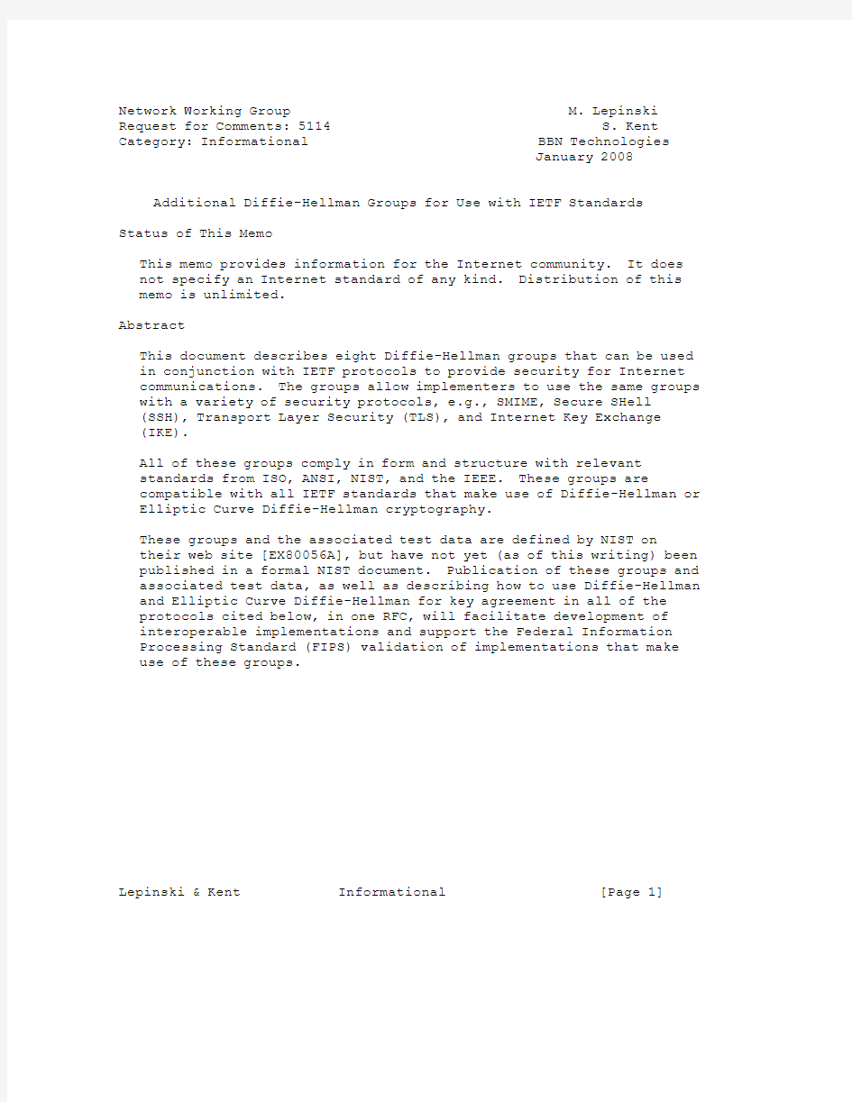 rfc5114.Additional Diffie-Hellman Groups for Use with IETF Standards