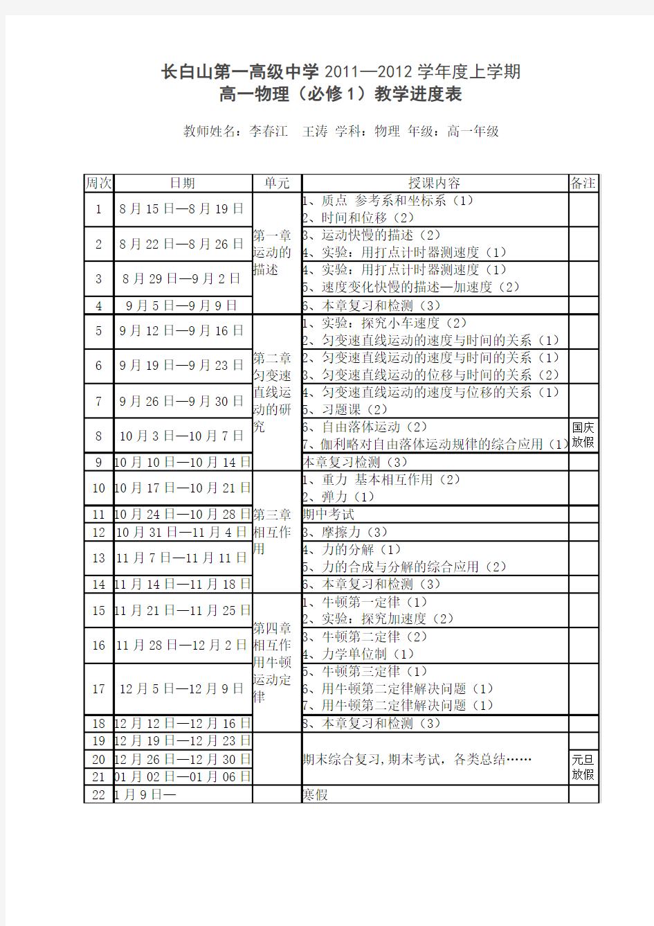 高一物理教学进度表(上)