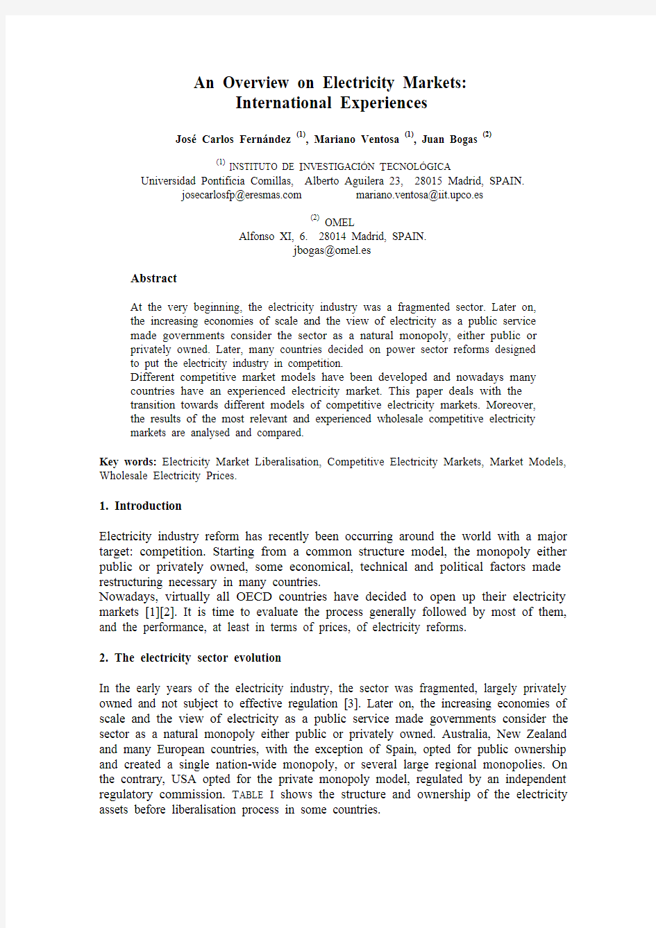 An Overview on Electricity Markets International Experiences