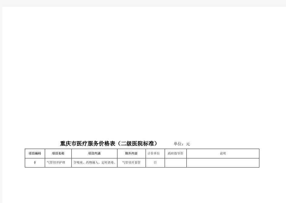 重庆市医疗服务价格表(二级医院标准)单位元项目编码