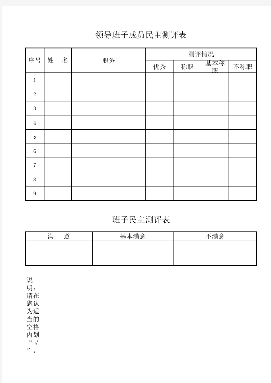 领导班子成员民主测评表