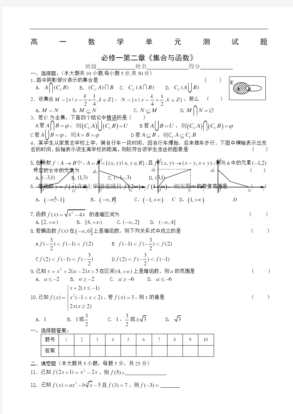 人教A版高中数学必修集合与函数单元测试题