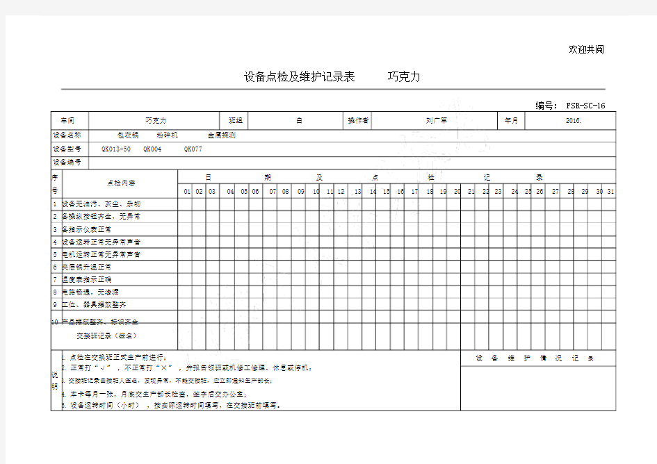 设备点检及维护记录表.doc