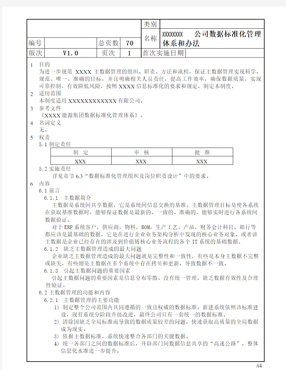 XXXX公司数据标准化管理体系和办法 V1.0