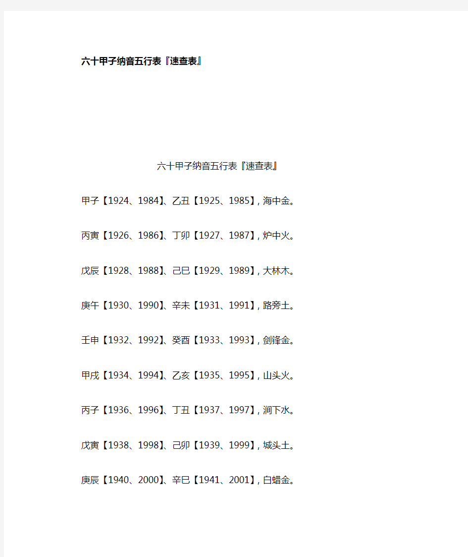 六十甲子纳音五行表速查表