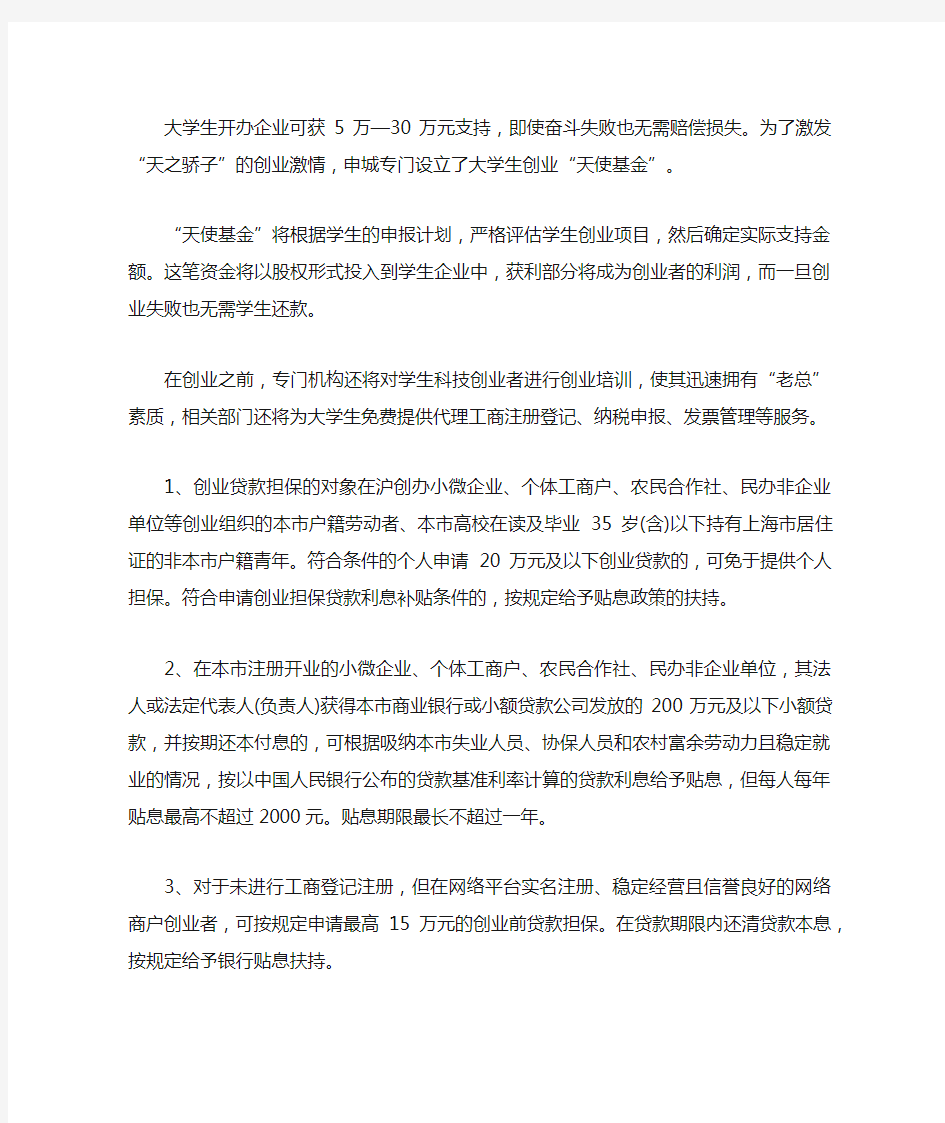 上海大学生创业最新优惠政策