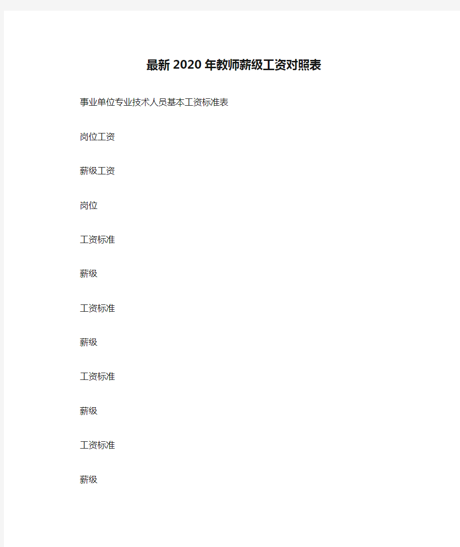 最新2020年教师薪级工资对照表