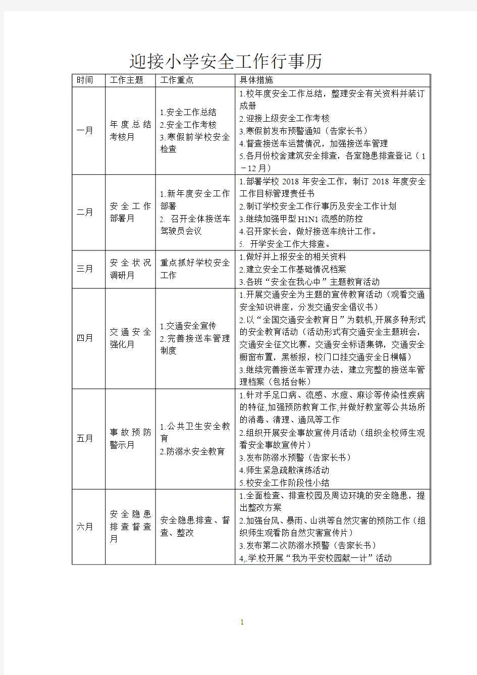 迎接小学安全工作行事历