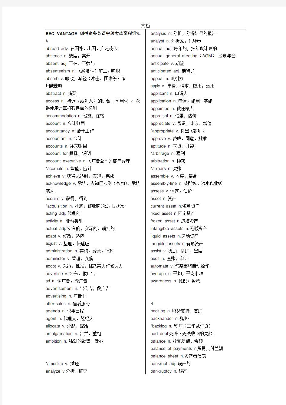 BECVANTAGE剑桥商务英语中级考试高频词汇