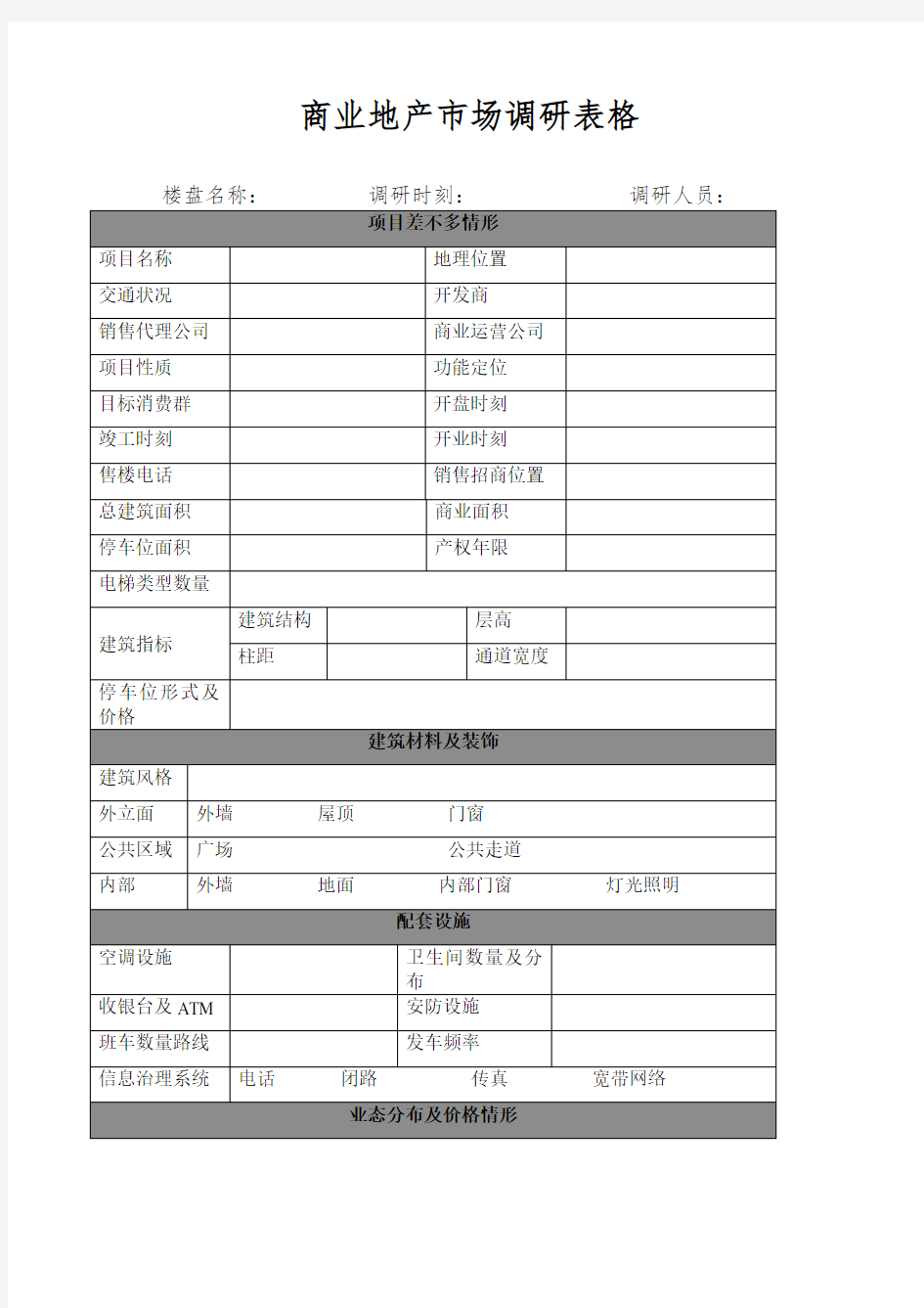 商业地产市场调研表格