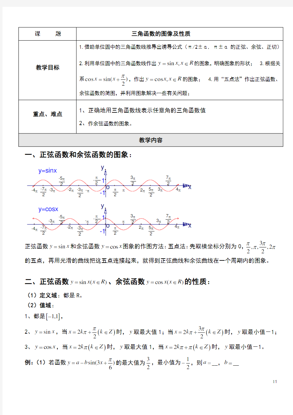 三角函数正余弦函数的图像及性质复习汇总