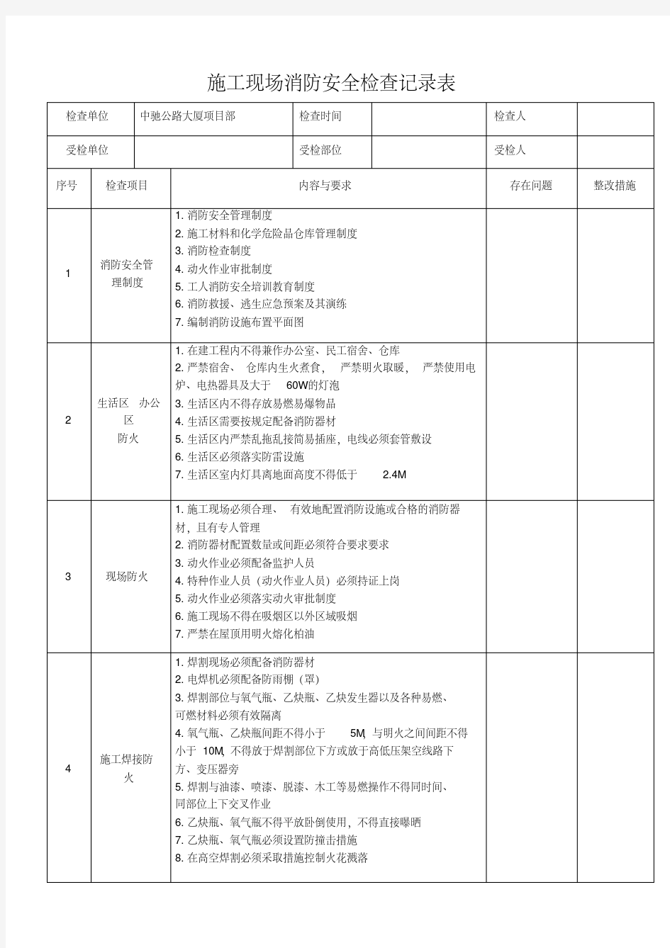 施工现场消防检查记录