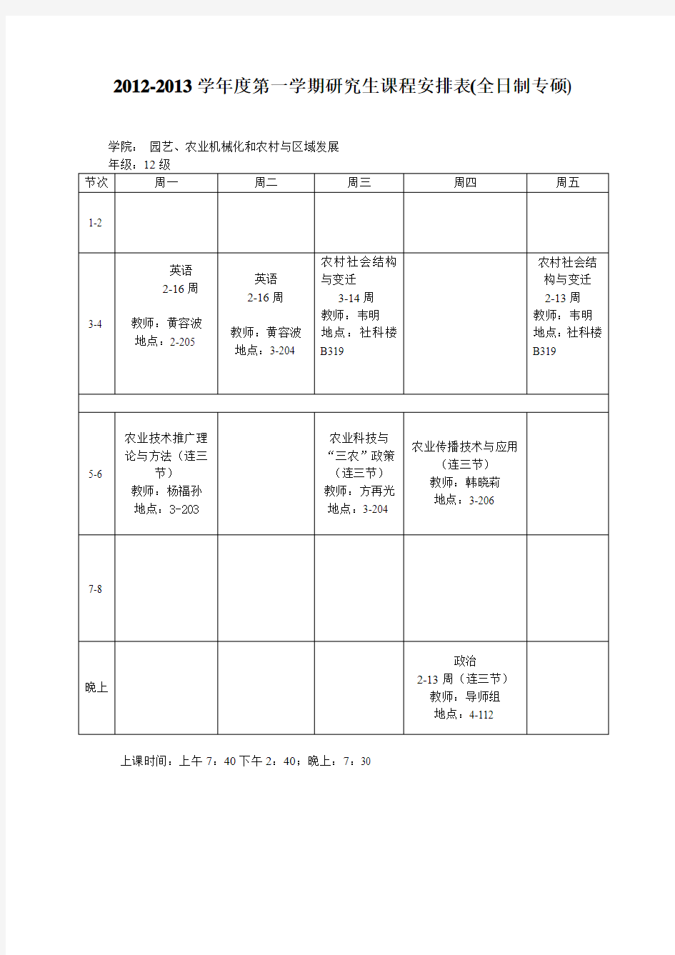 农村与区域发展课程安排表(全日制专业学位)