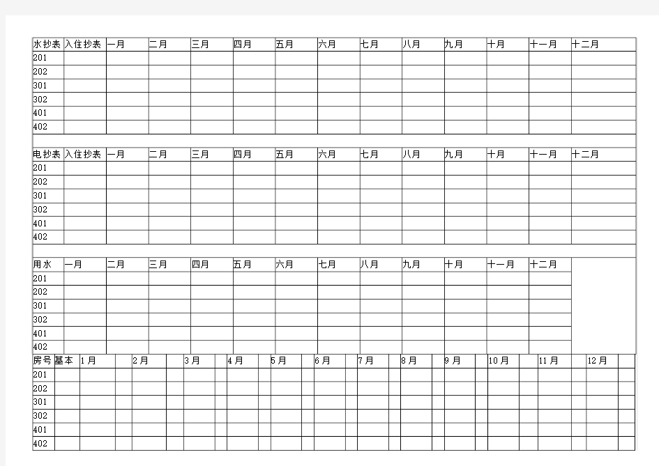 公寓出租水电抄表水电费房租表格