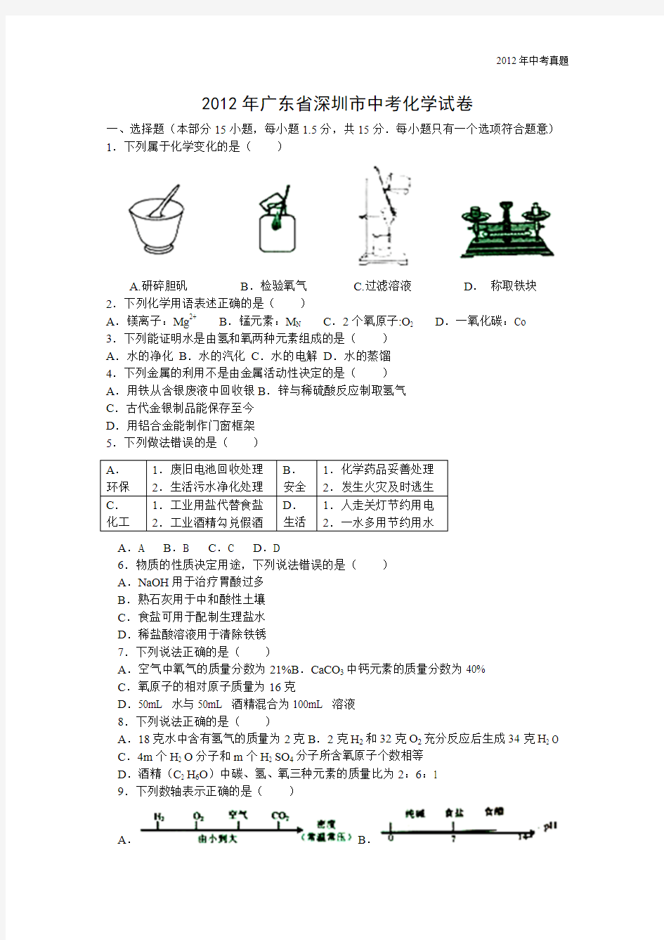 2012年广东省深圳市中考化学试卷含答案