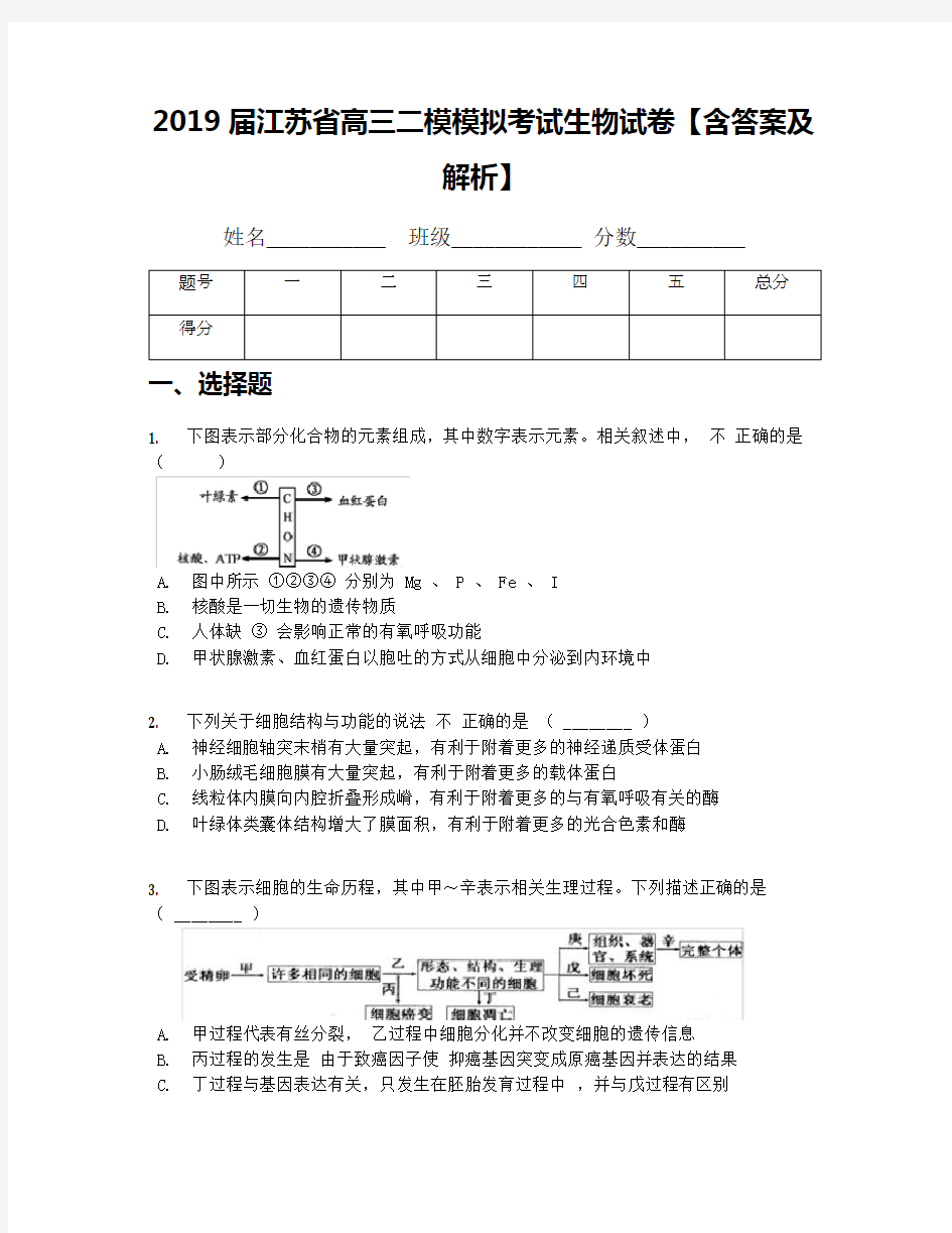 2019届江苏省高三二模模拟考试生物试卷【含答案及解析】