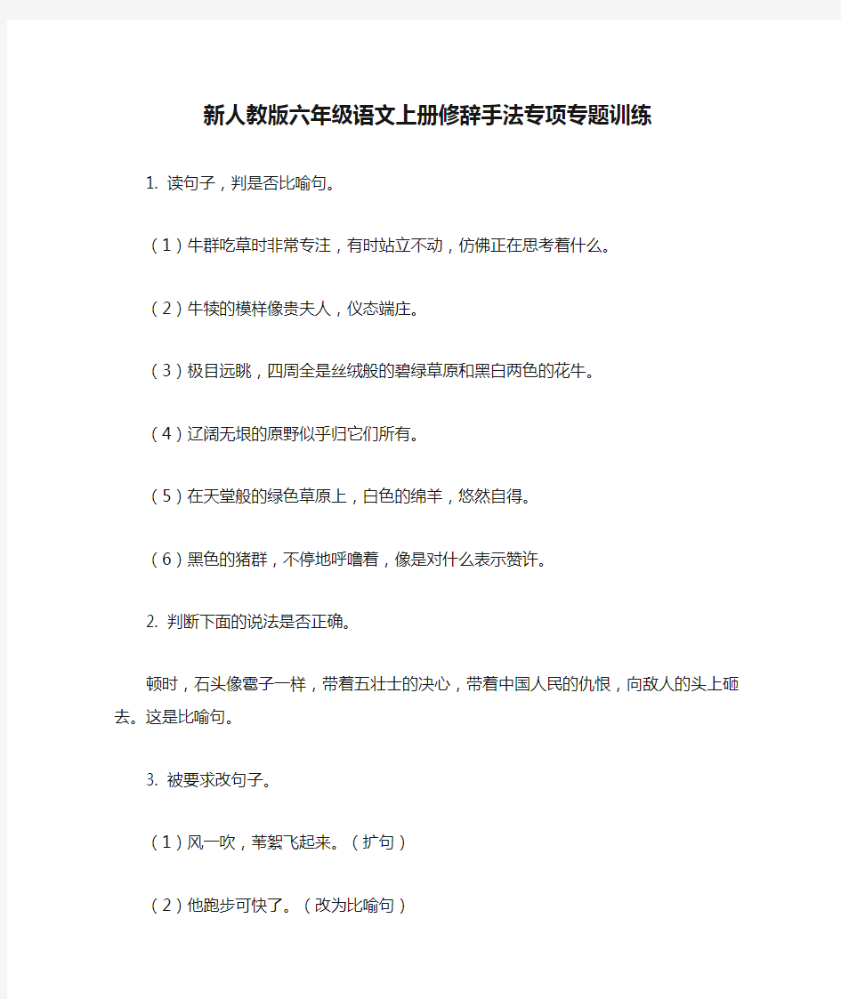 新人教版六年级语文上册修辞手法专项专题训练