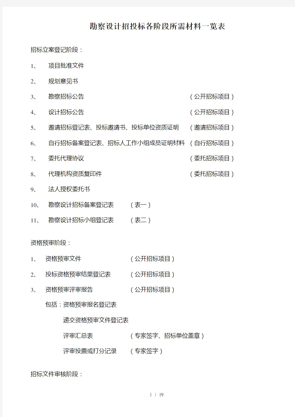 勘察设计招投标各阶段所需材料一览表(doc18)