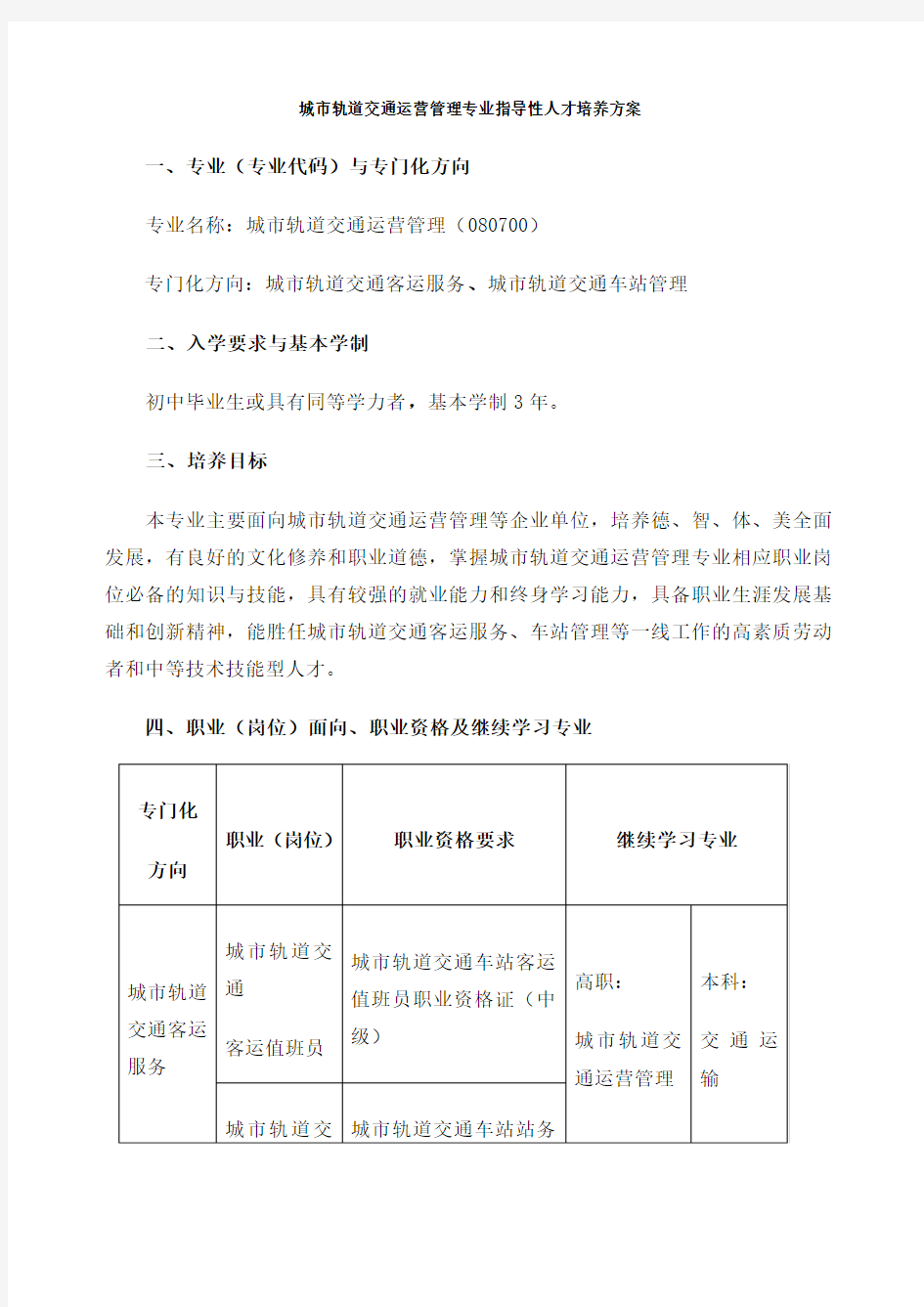 中等职业教育城市轨道交通运营管理专业指导性人才培养方案