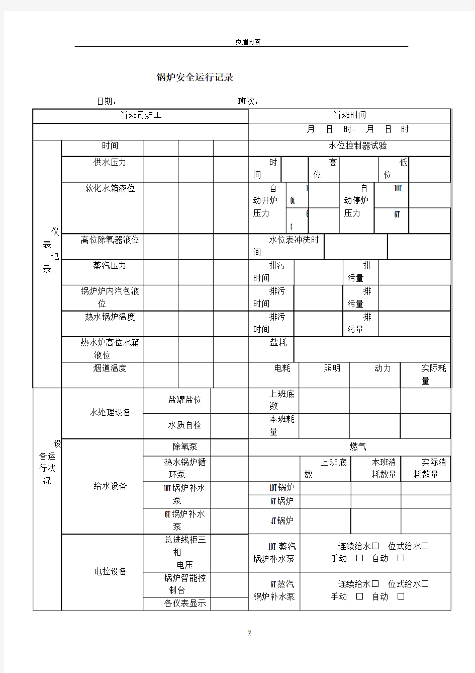 锅炉安全运行记录表