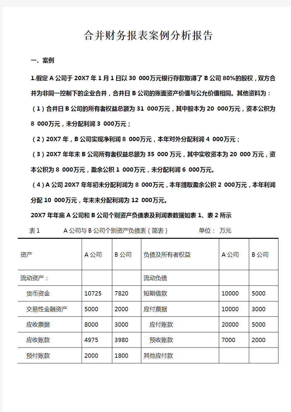 合并财务报表案例分析报告