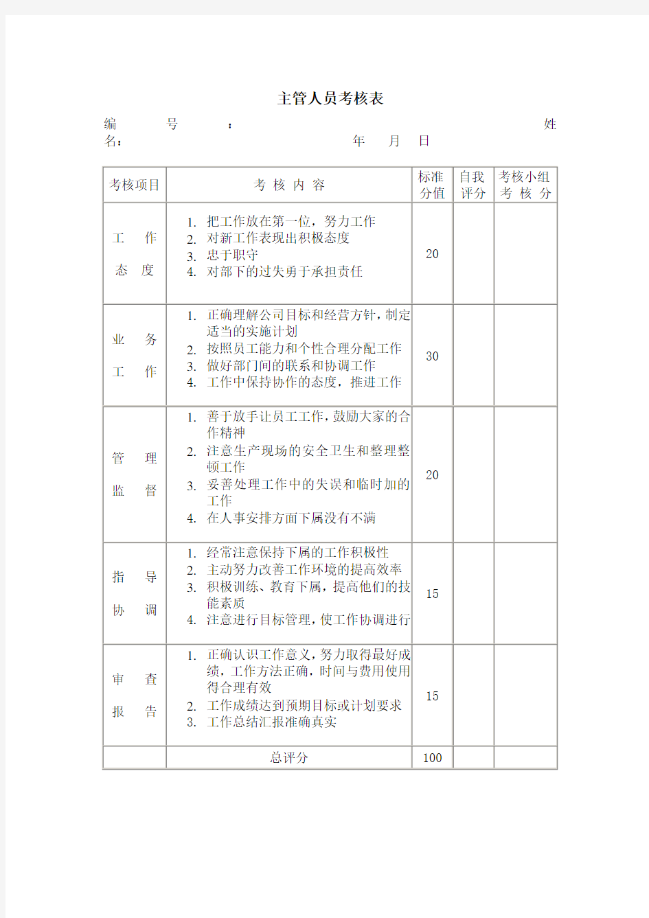 部门主管标准考核表