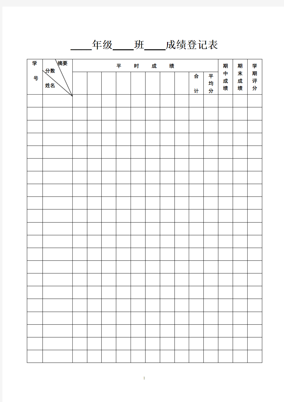 成绩登记表表格模板