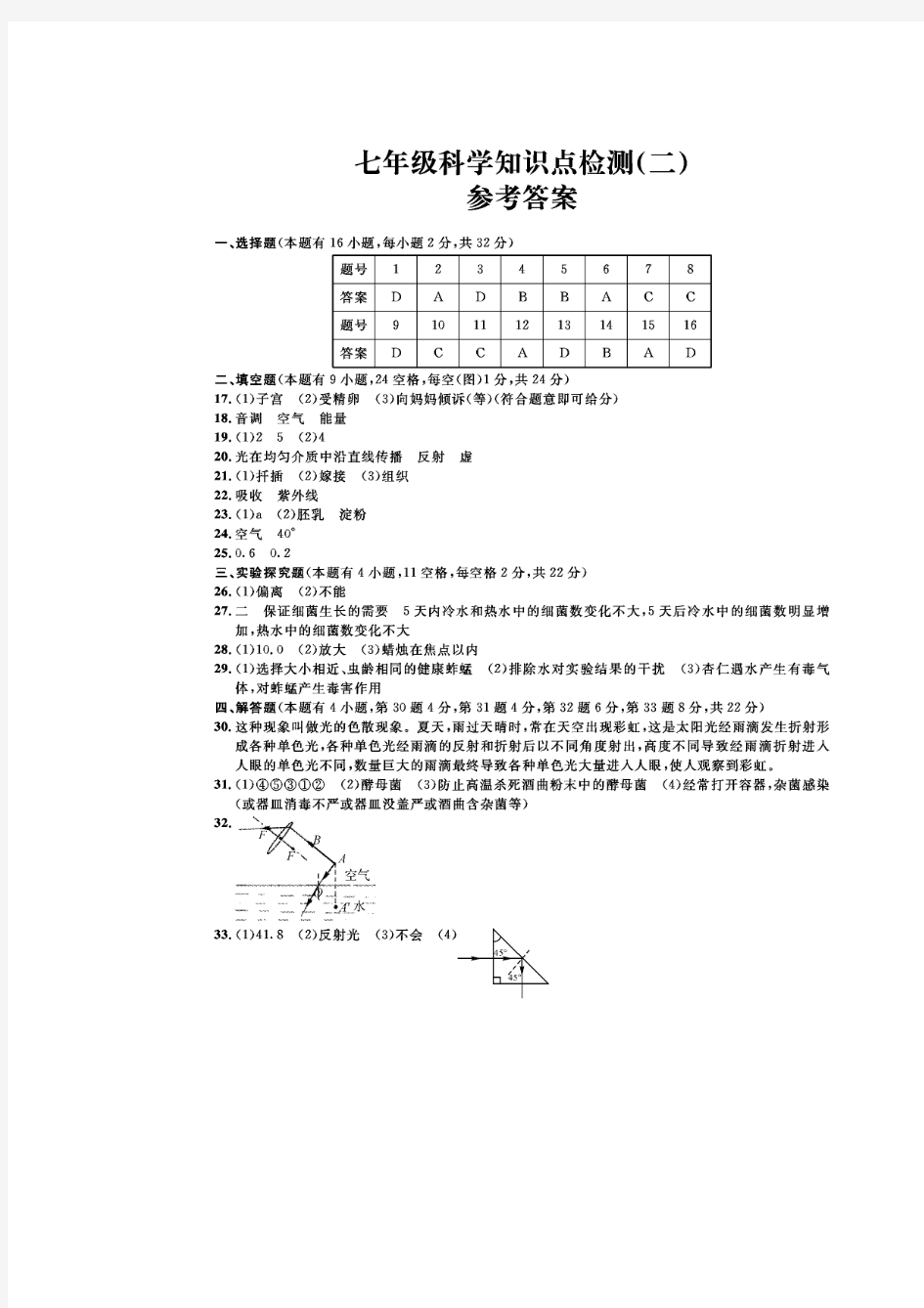 浙江省湖州市长兴县2017-2018学年七年级科学下学期期中考试试题答案(pdf) 浙教版