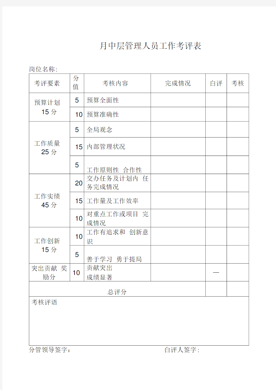 中层管理人员工作考评表