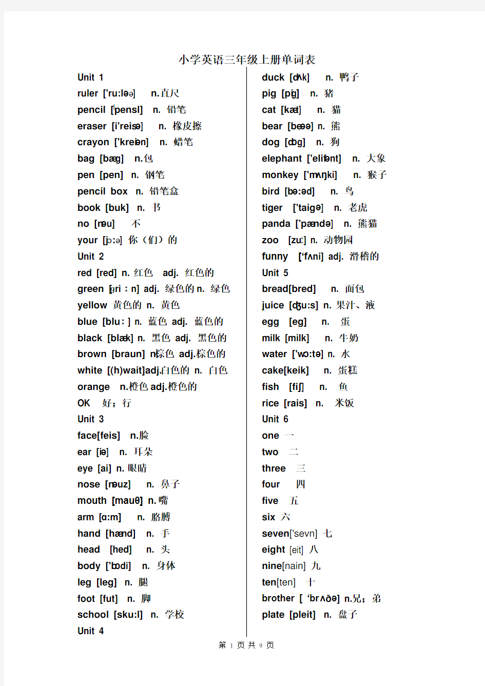 新版PEP小学英语(3-6年级)单词表