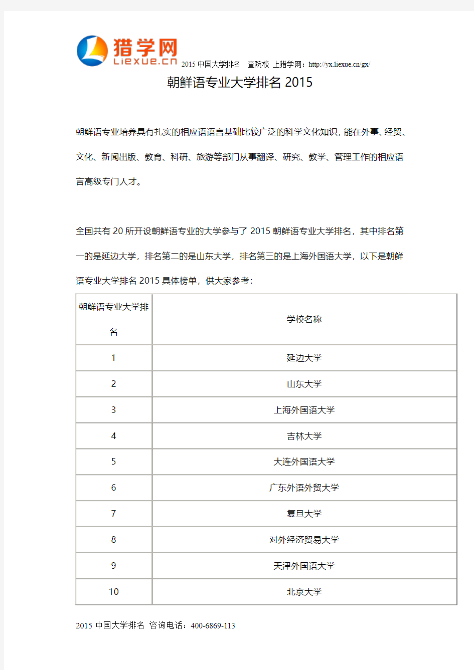 朝鲜语专业大学排名