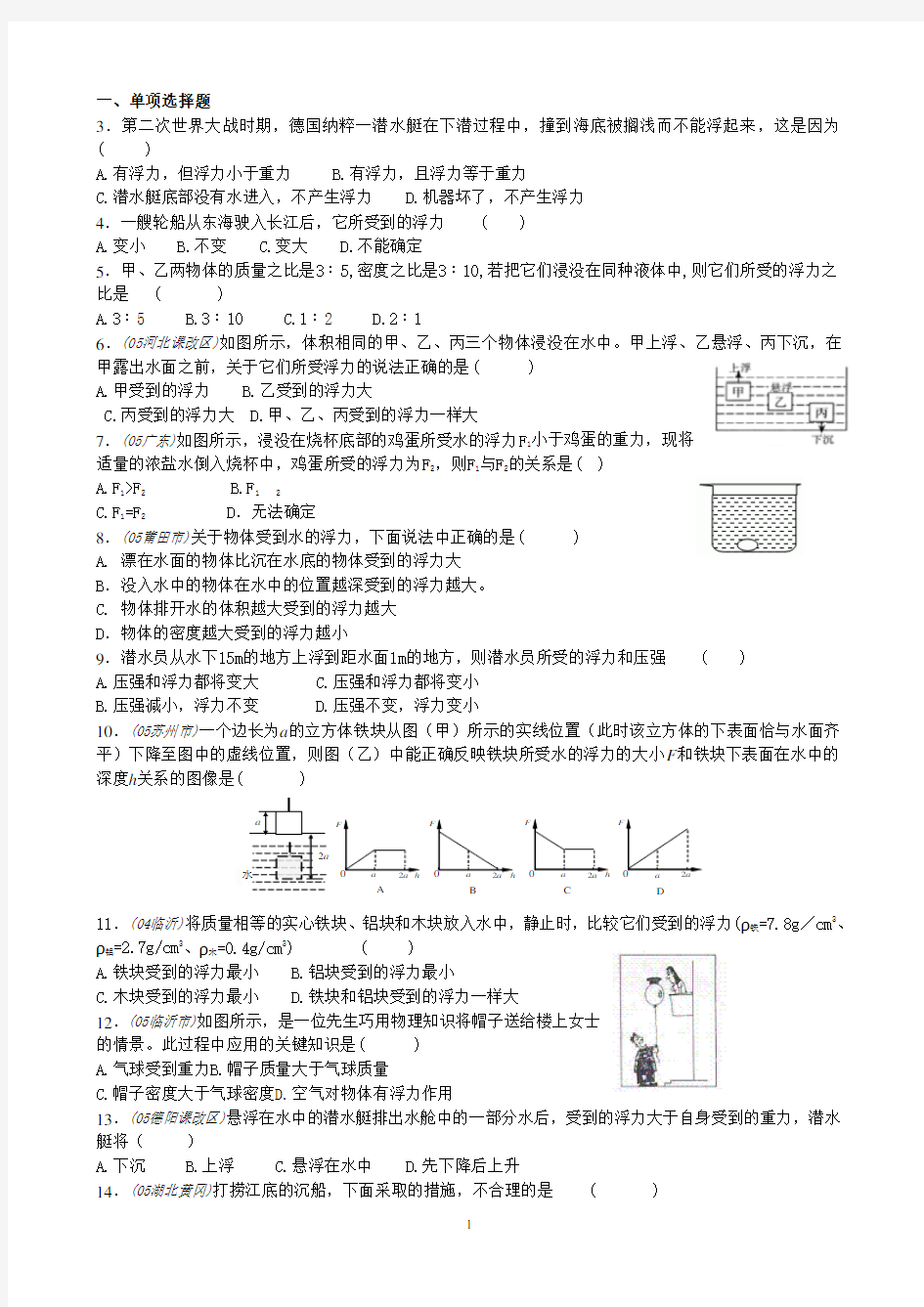 浮力经典练习题带答案