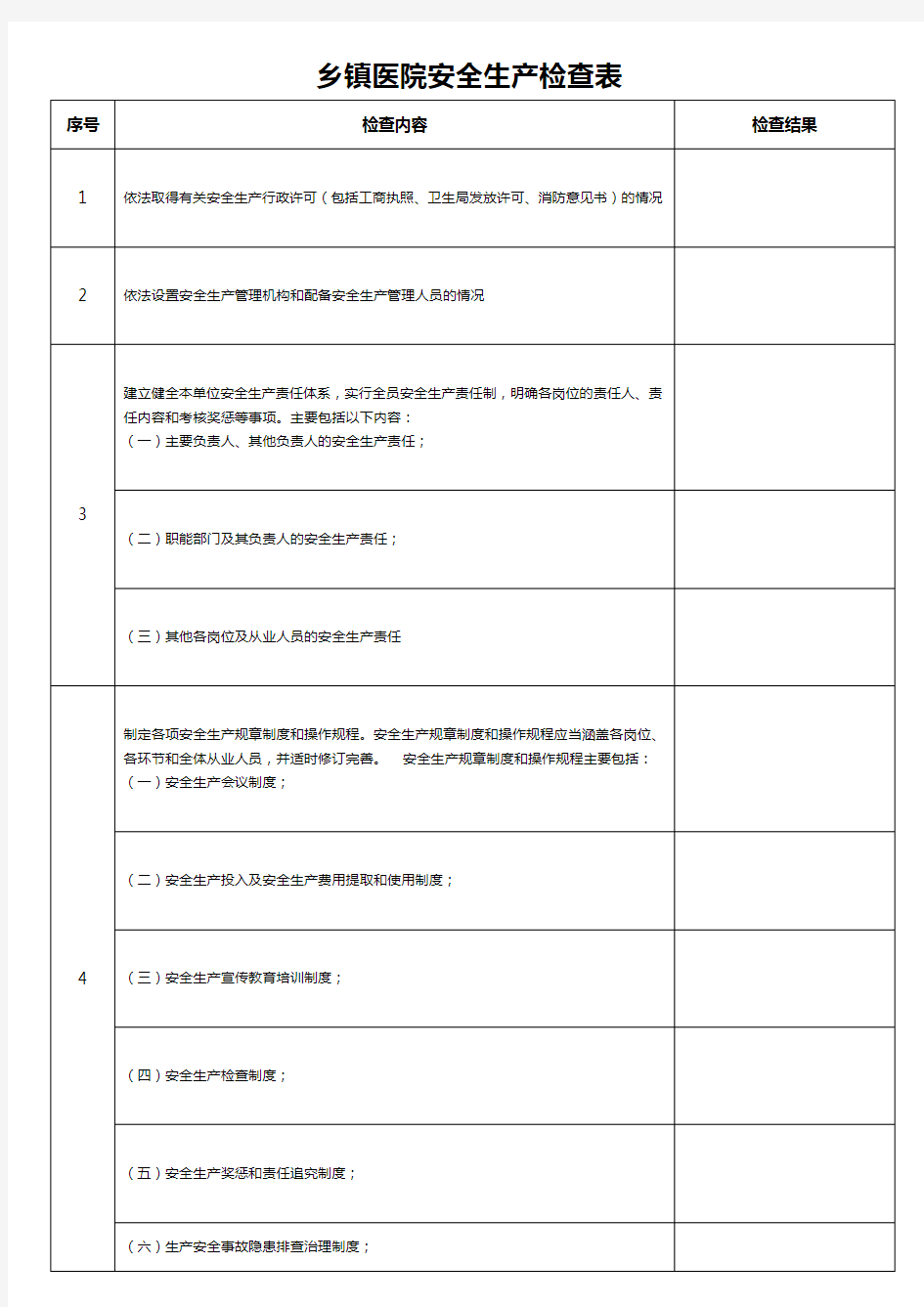 乡镇医院安全生产检查表