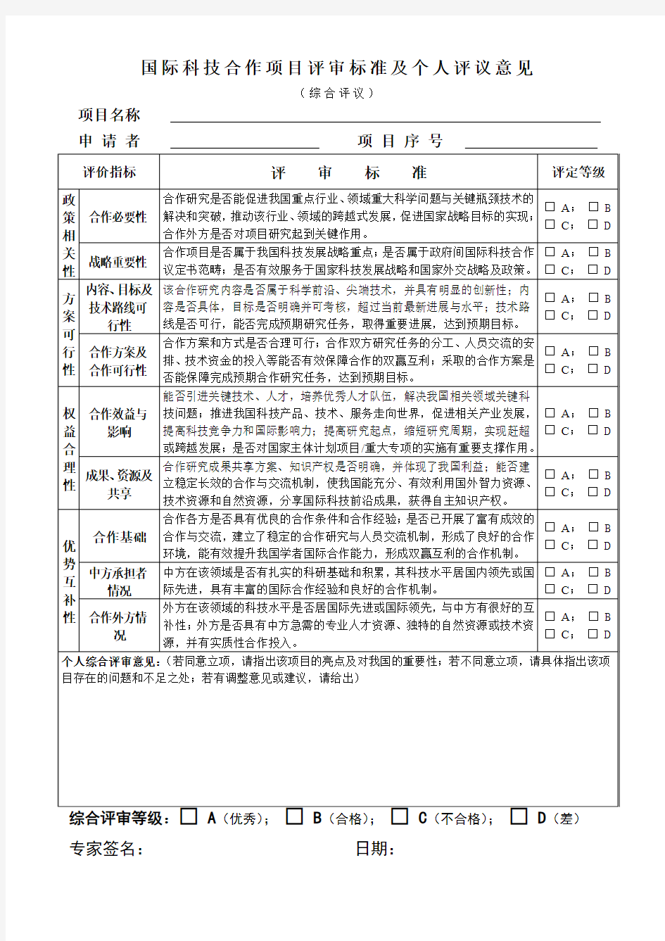 国际科技合作项目评审标准及个人评议意见