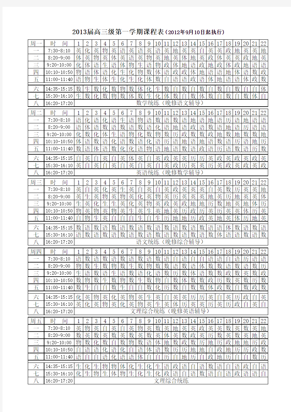 2013届高三第一学期课程表 0910执行