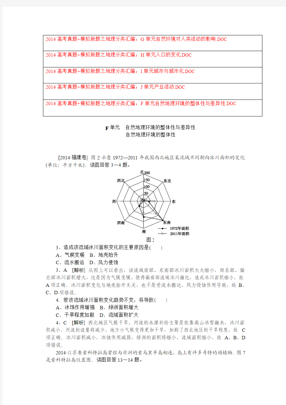 2014高考真题+模拟新题 地理分类汇编：F—J 5份 纯word版解析可编辑