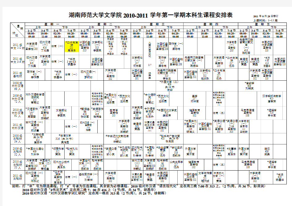 湖南师范大学文学院2011-2012学年第一学期本科生课程表-