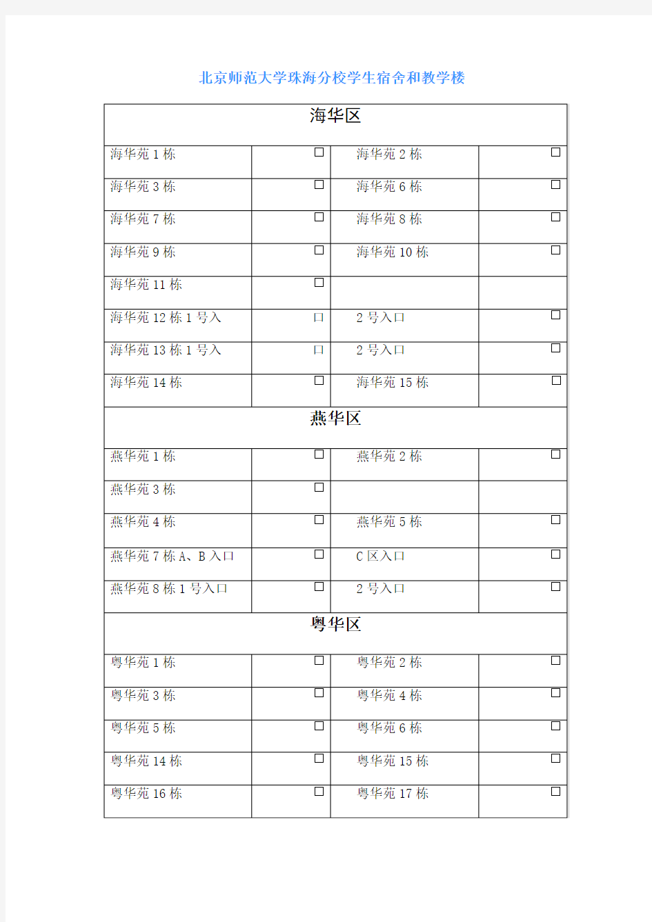 北京师范大学珠海分校宿舍教学楼一览表