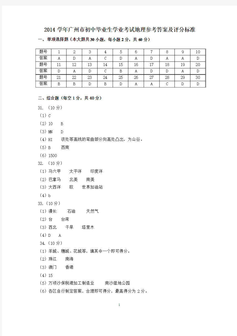 地理参考答案2015年春广州市初中毕业生学业考试