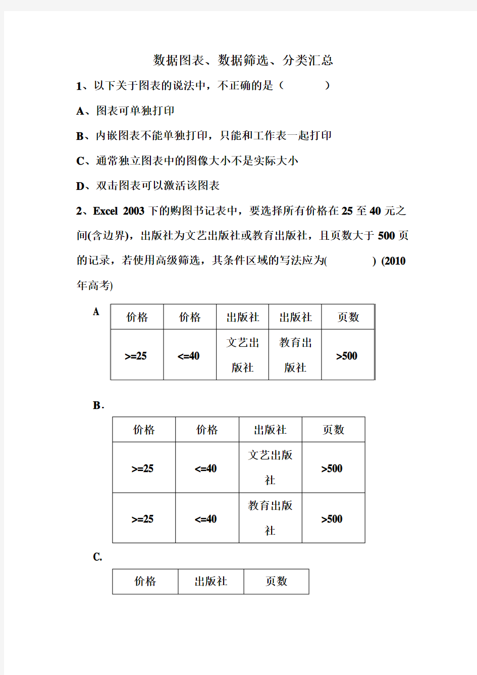 excel数据图表练习题