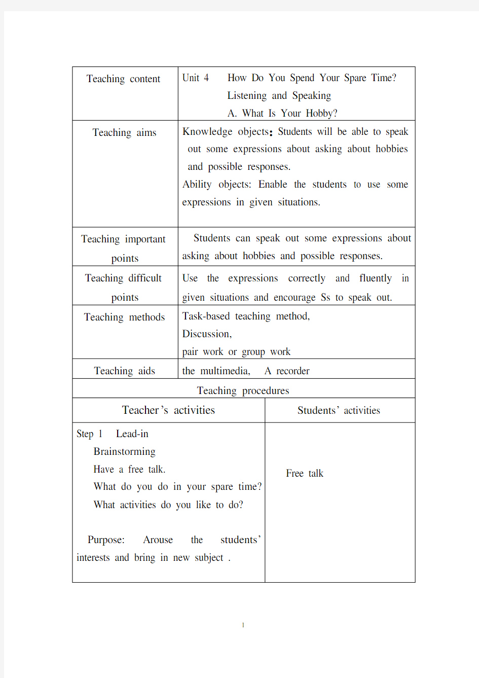 中职英语基础模块上册Unit4Speaking教案.doc