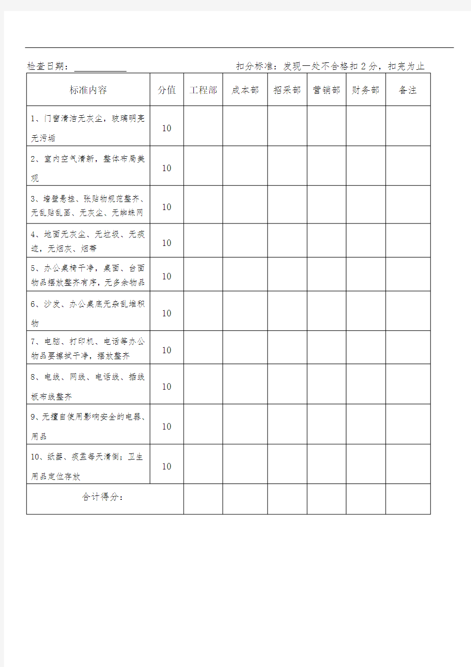 卫生检查评分表