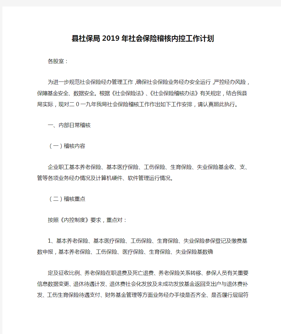 县社保局2019年社会保险稽核内控工作计划.docx