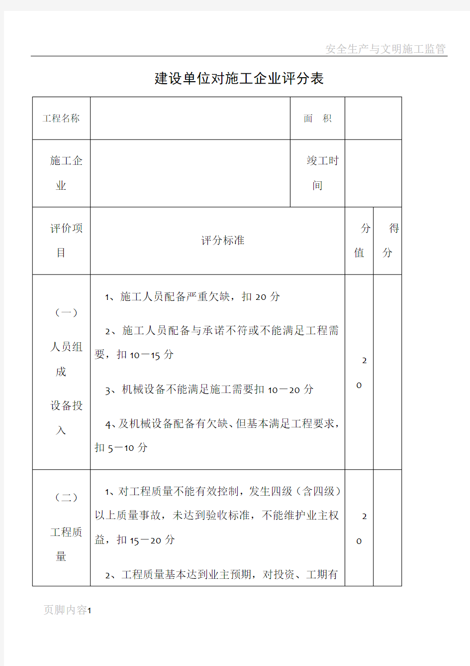 建设单位对施工企业评价表